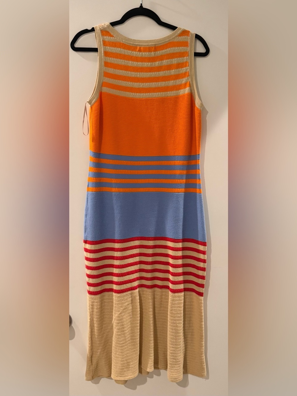 Etcetera Orange, Blue, Red, and Cream Striped Knit Midi Dress
